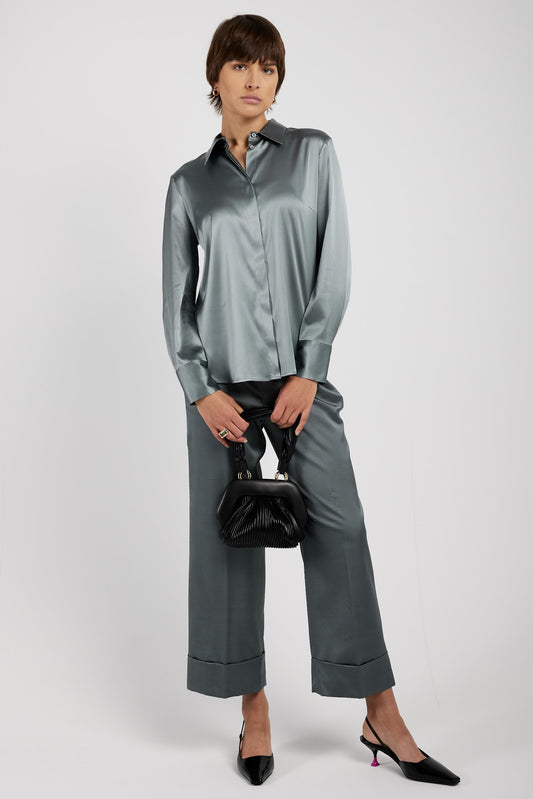 PESERICO Silk Satin Blouse in Green Zinc