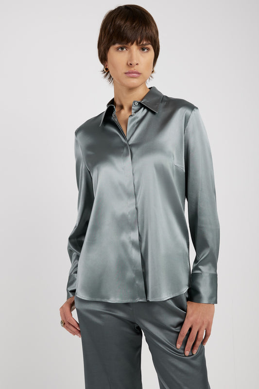 PESERICO Silk Satin Blouse in Green Zinc