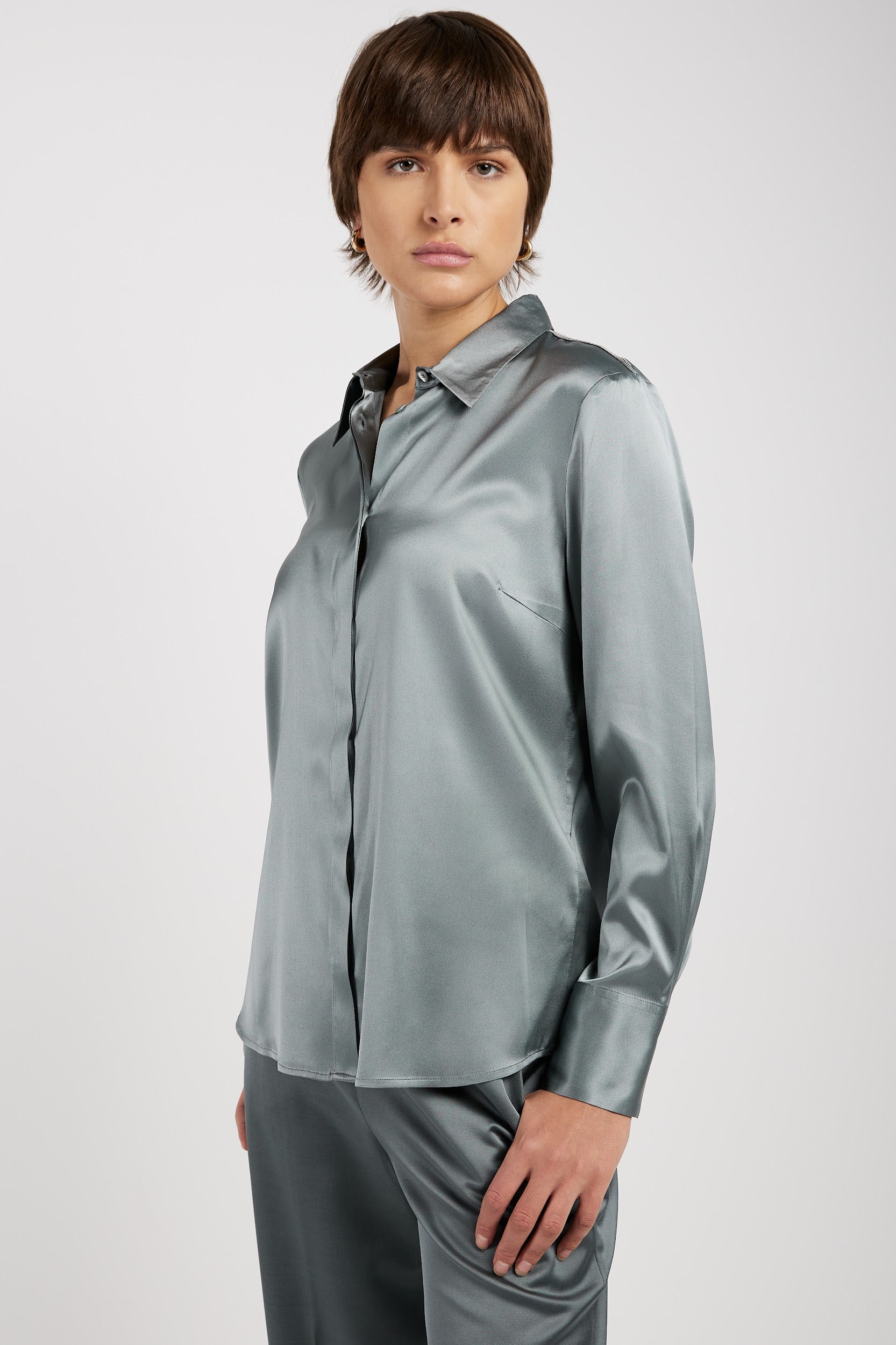 PESERICO Silk Satin Blouse in Green Zinc