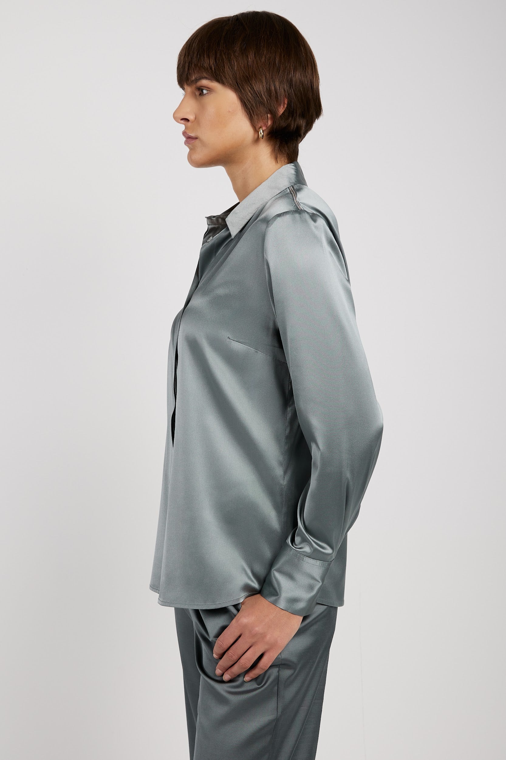 PESERICO Silk Satin Blouse in Green Zinc