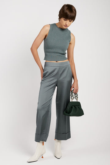 PESERICO Stretch Satin Palazzo Pant in Green Zinc