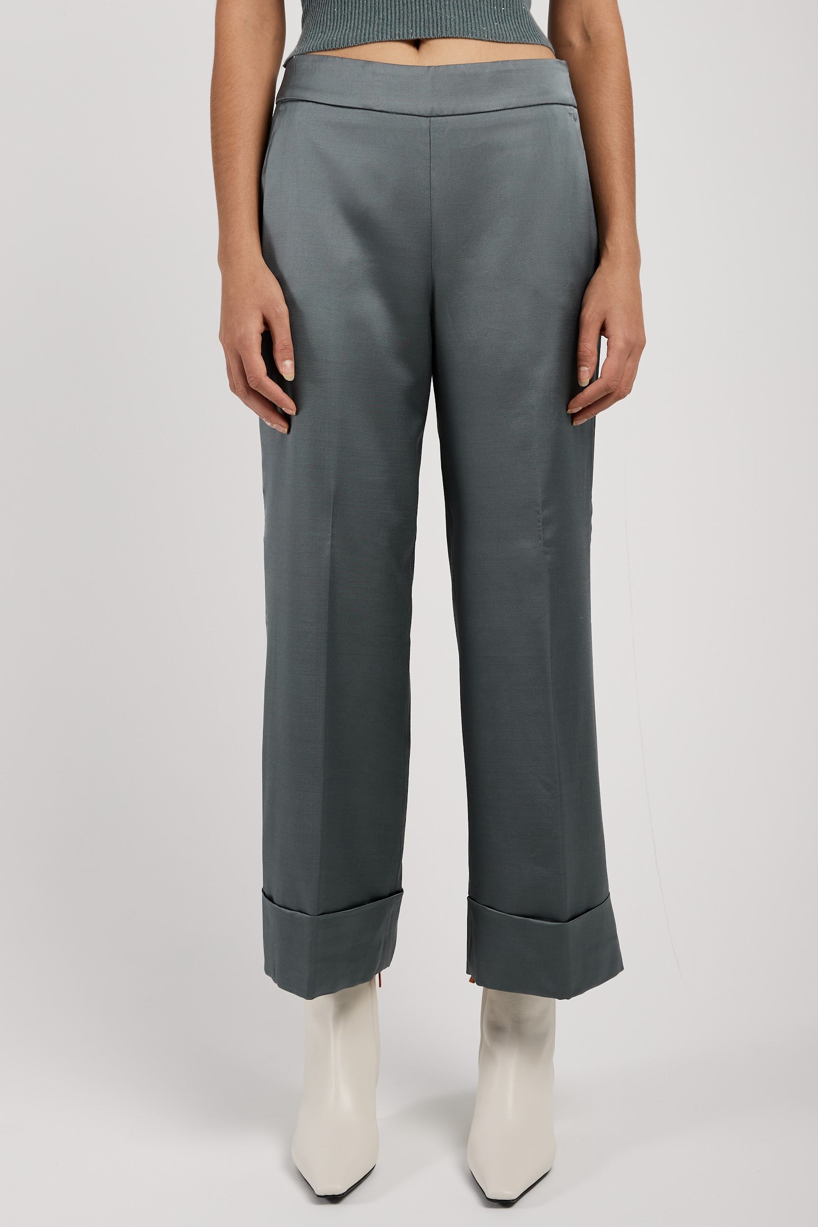 PESERICO Stretch Satin Palazzo Pant in Green Zinc