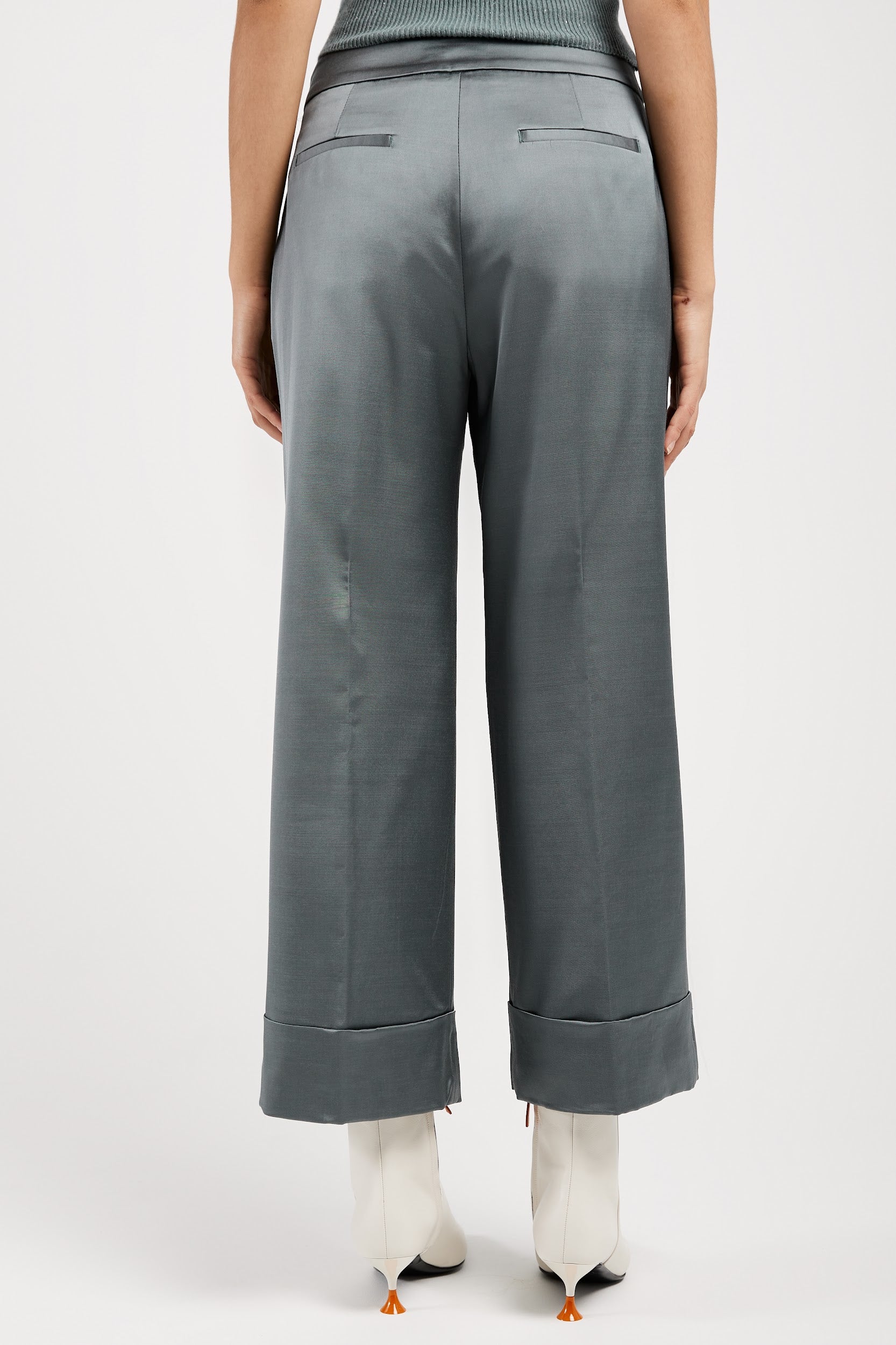 PESERICO Stretch Satin Palazzo Pant in Green Zinc