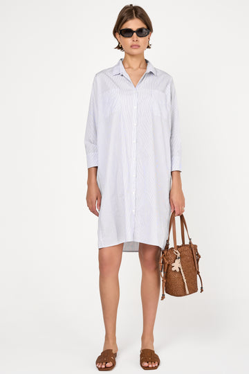 Fine Cotton Poplin Shirt Dress in Blue Stripe