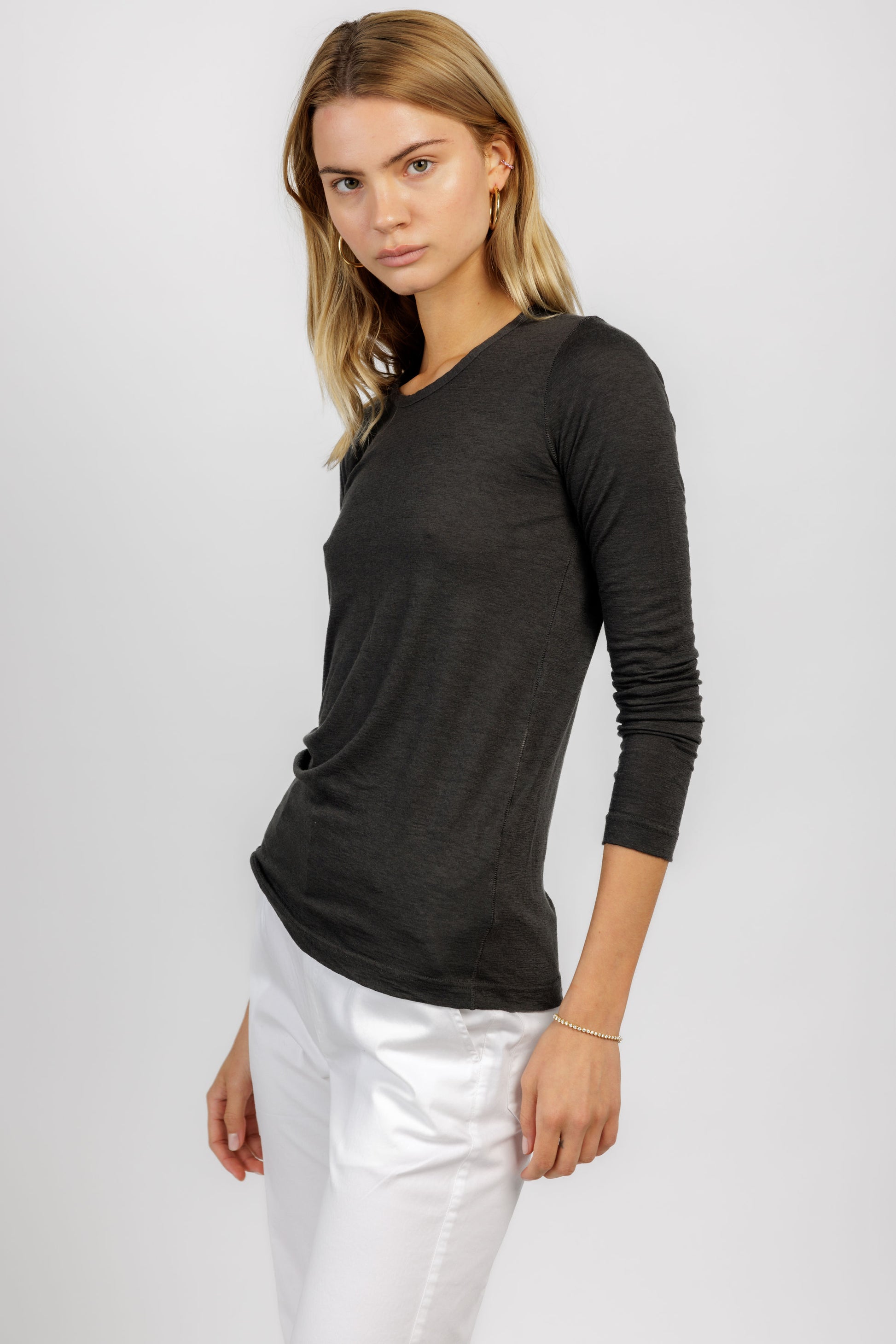 PRIVATE 0204 Long Sleeve Cool Cashmere Tee in Charcoal