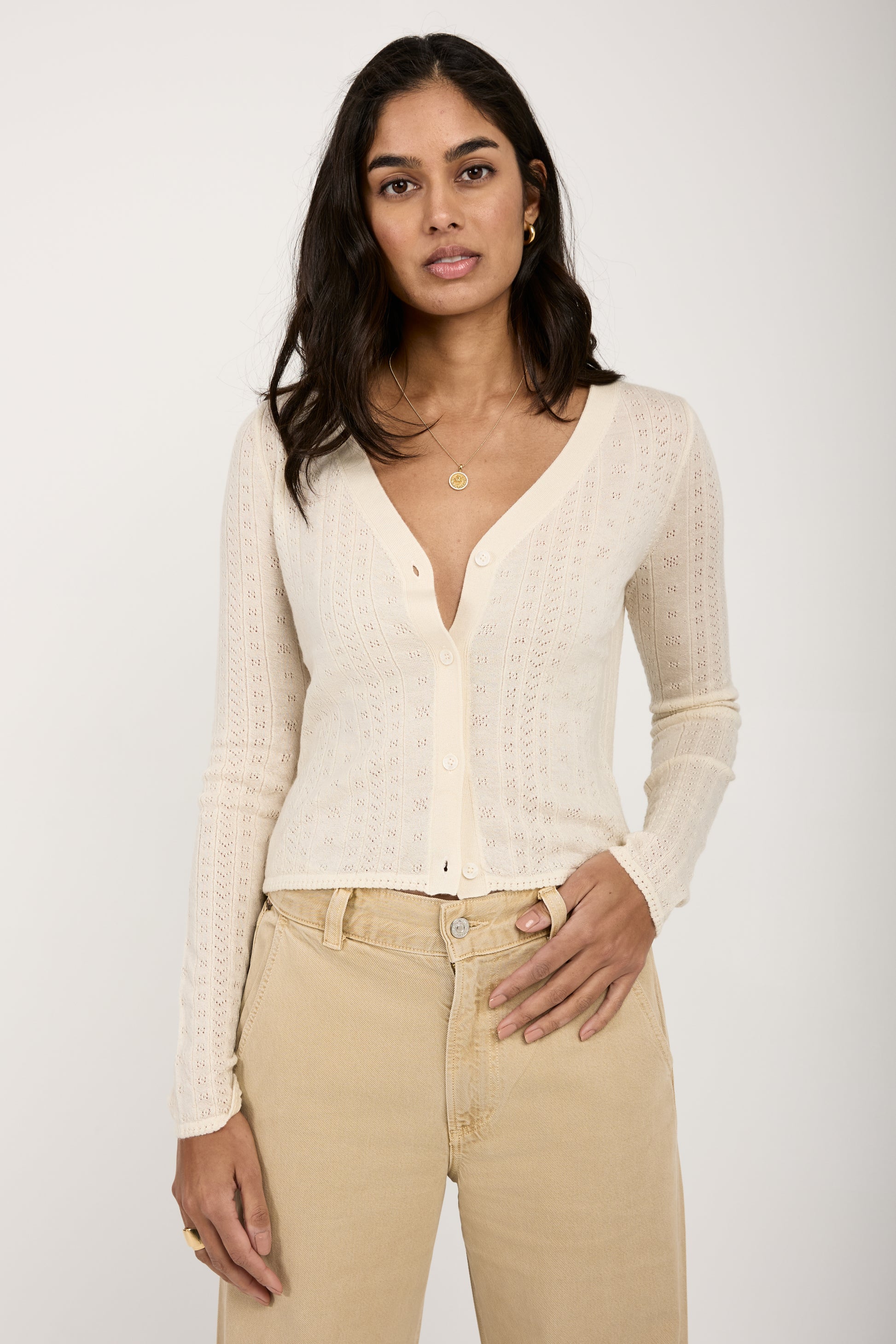 SABLYN Vincent Pointelle Knit Cardigan in Gardenia