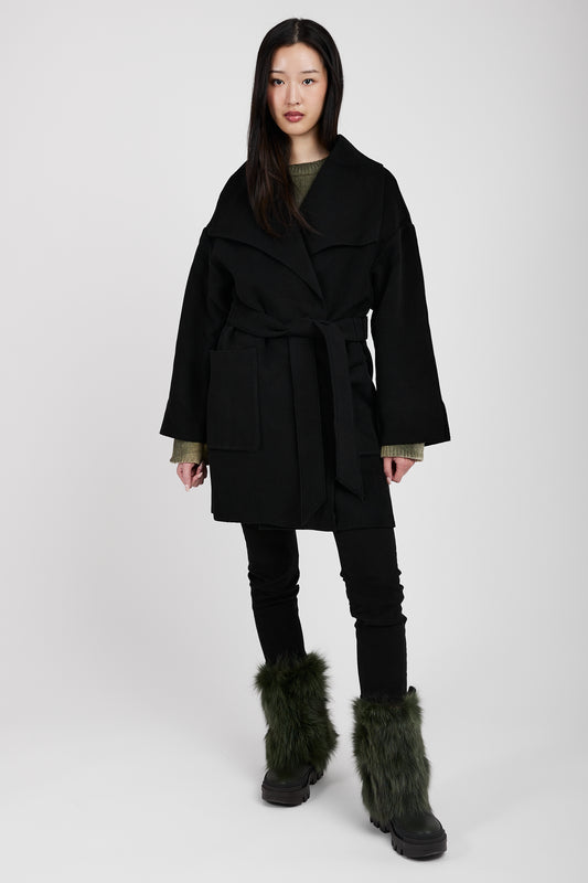 TANDEM Belted Wrap Wool Coat in Black