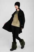 TANDEM Belted Wrap Wool Coat in Black