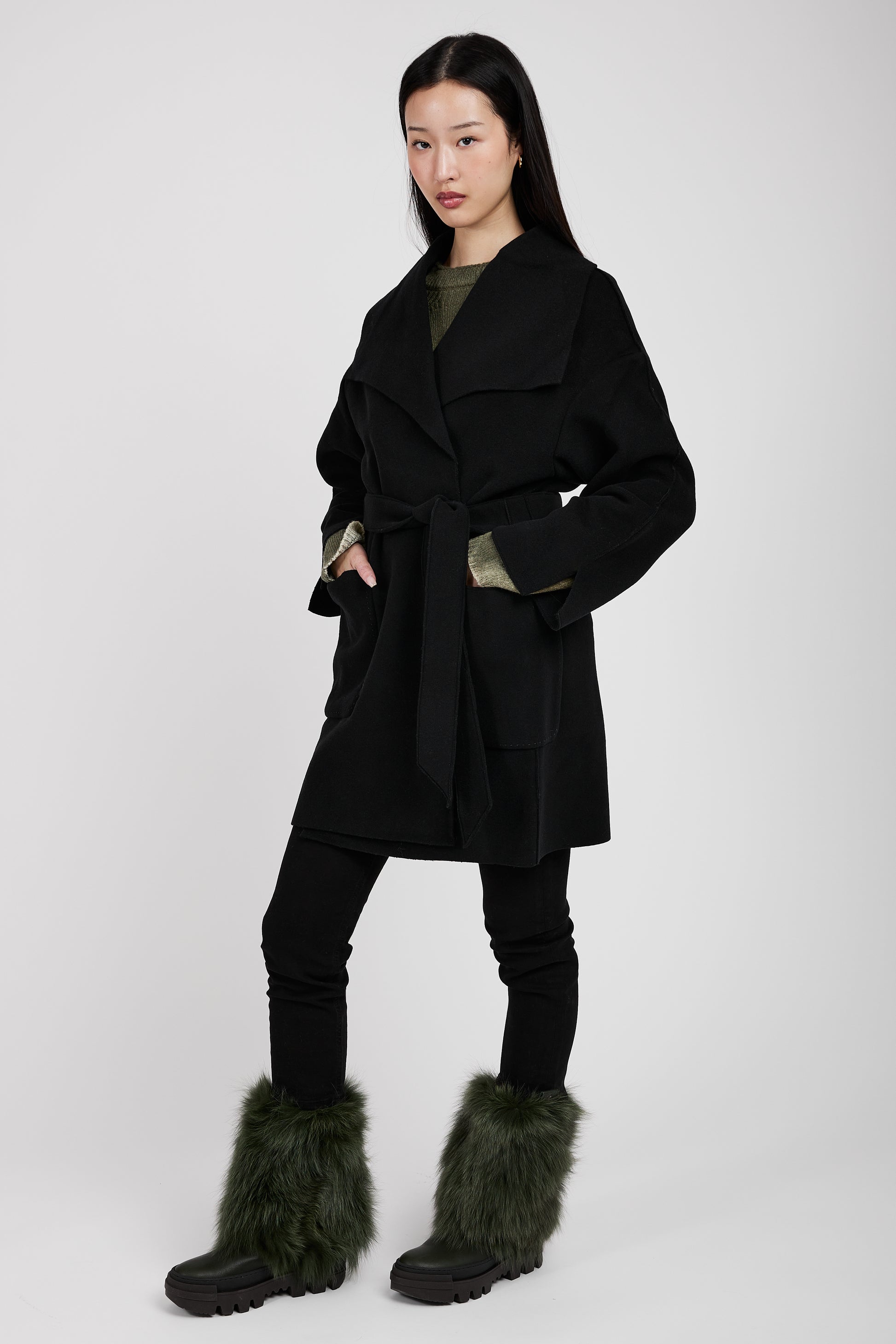 TANDEM Belted Wrap Wool Coat in Black