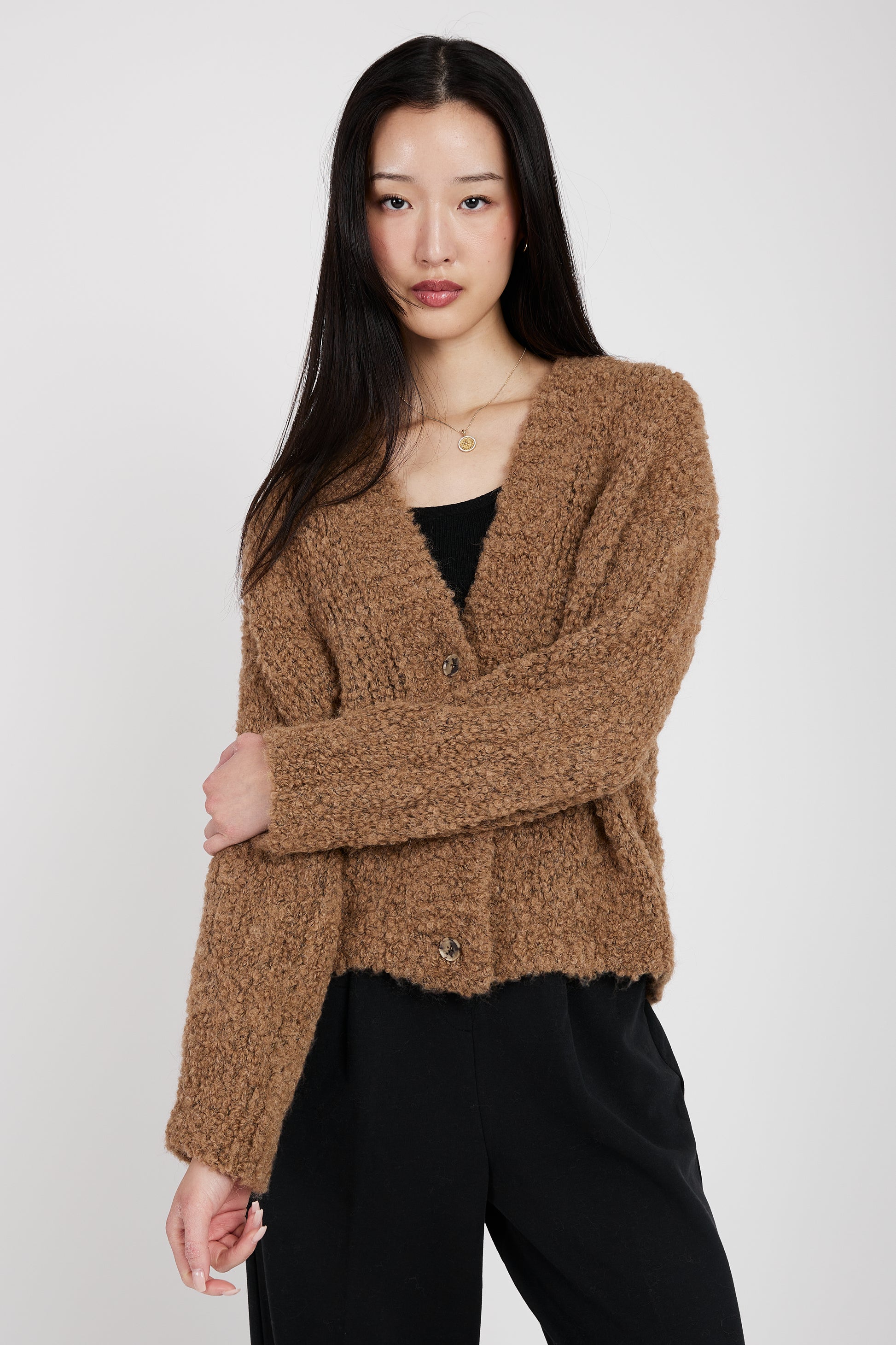 TANDEM Oversized Cropped Cardigan in Camel