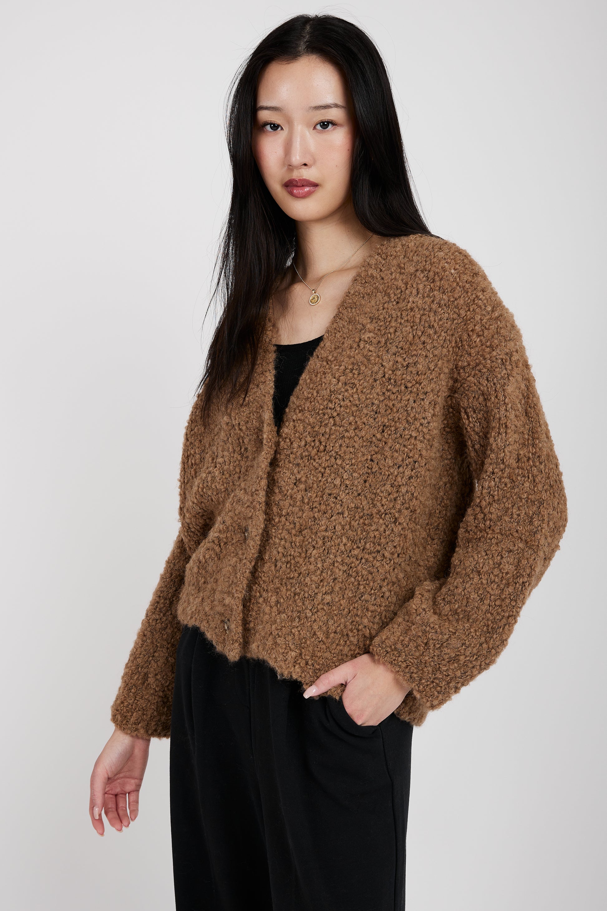 TANDEM Oversized Cropped Cardigan in Camel