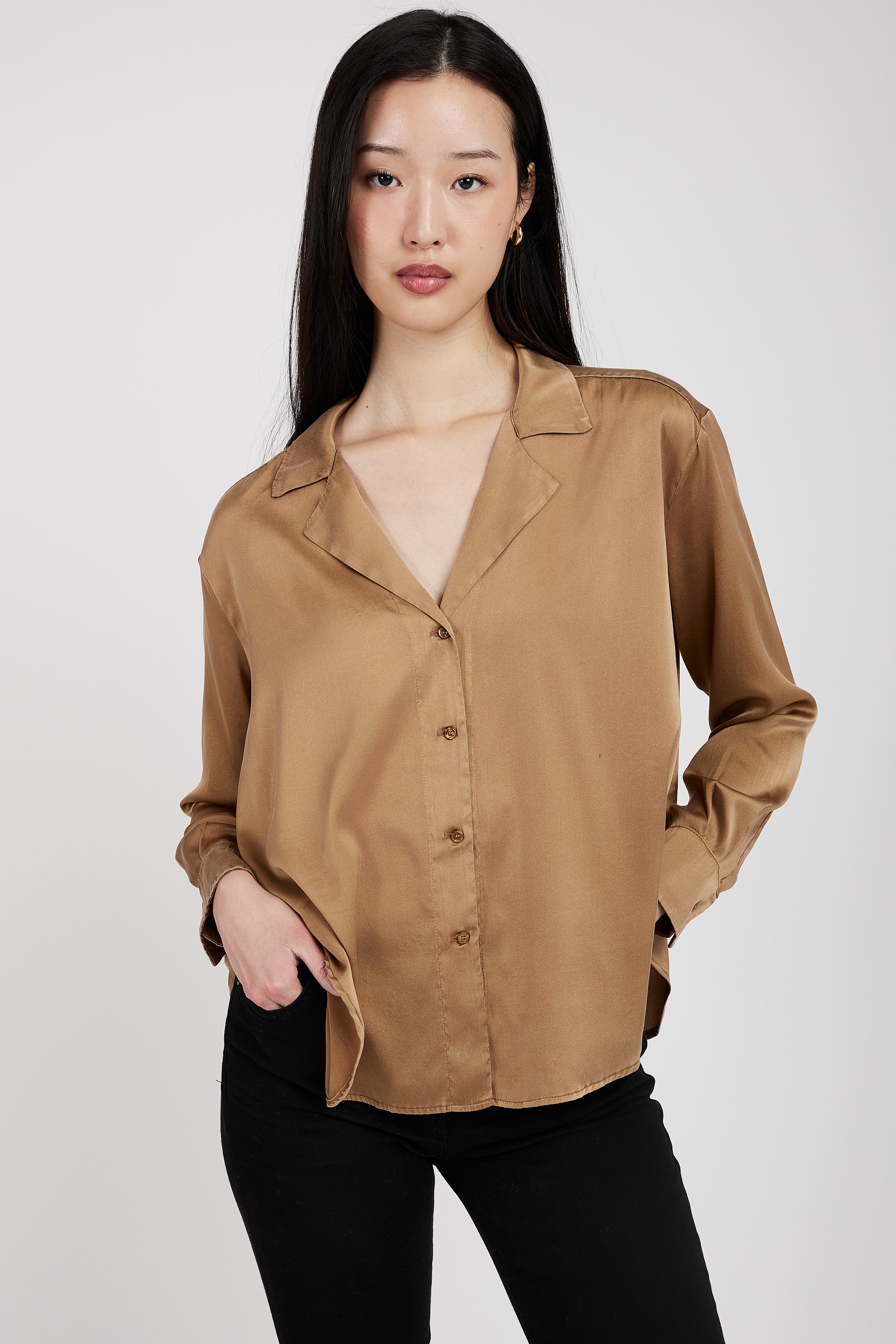 Silk V-Neck Shirt in Camel