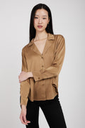 TANDEM Silk V-Neck Shirt in Camel