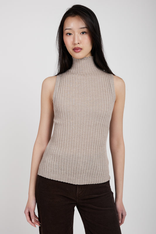 TANDEM Sleeveless Turtleneck Top in Sand
