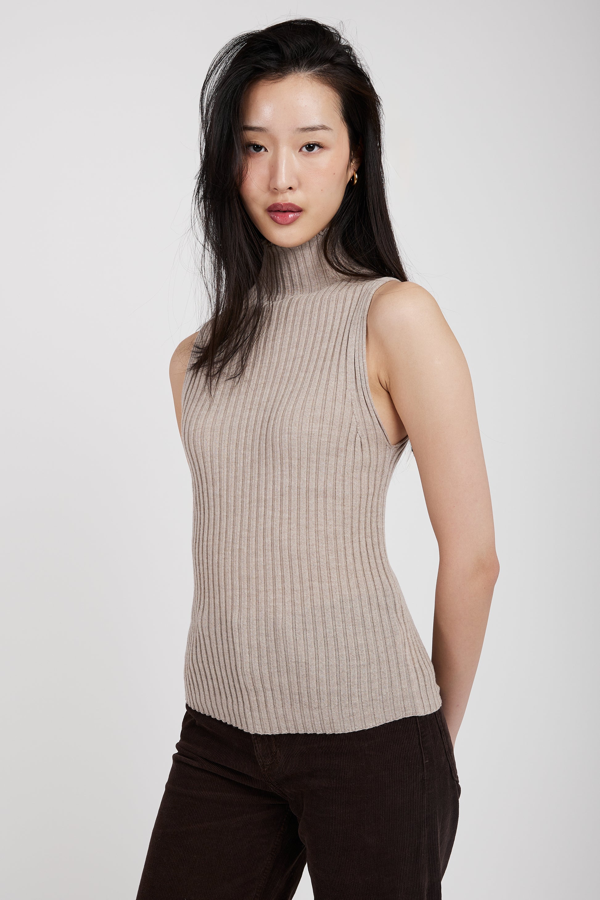 TANDEM Sleeveless Turtleneck Top in Sand