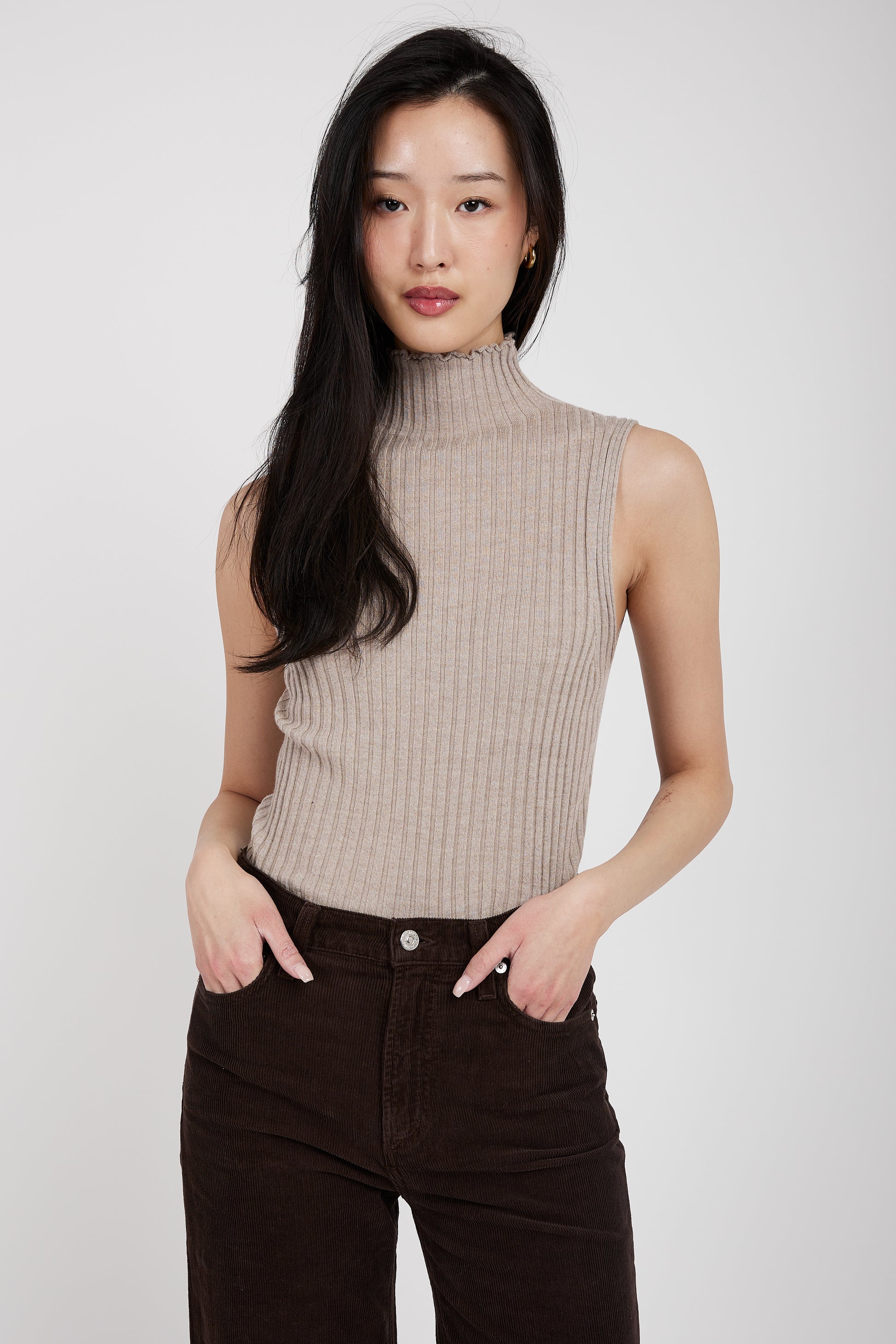 TANDEM Sleeveless Turtleneck Top in Sand