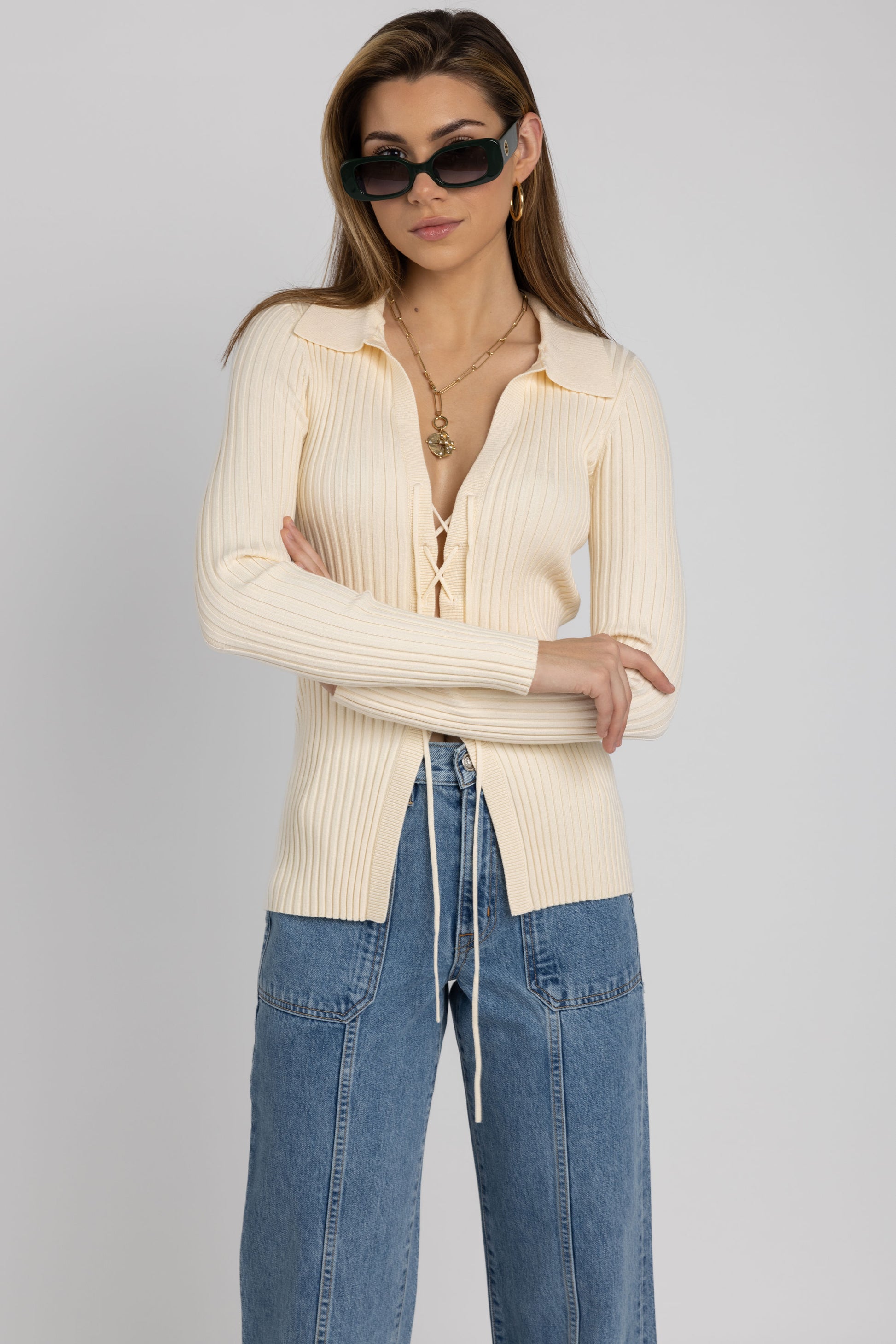 THE RANGE Viscose Knit Laced Cardigan in Light Shell