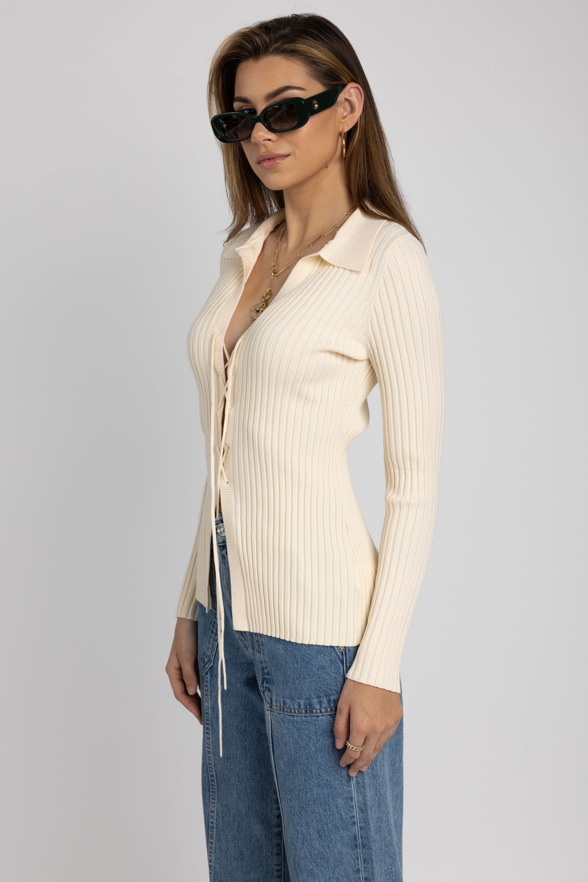 THE RANGE Viscose Knit Laced Cardigan in Light Shell