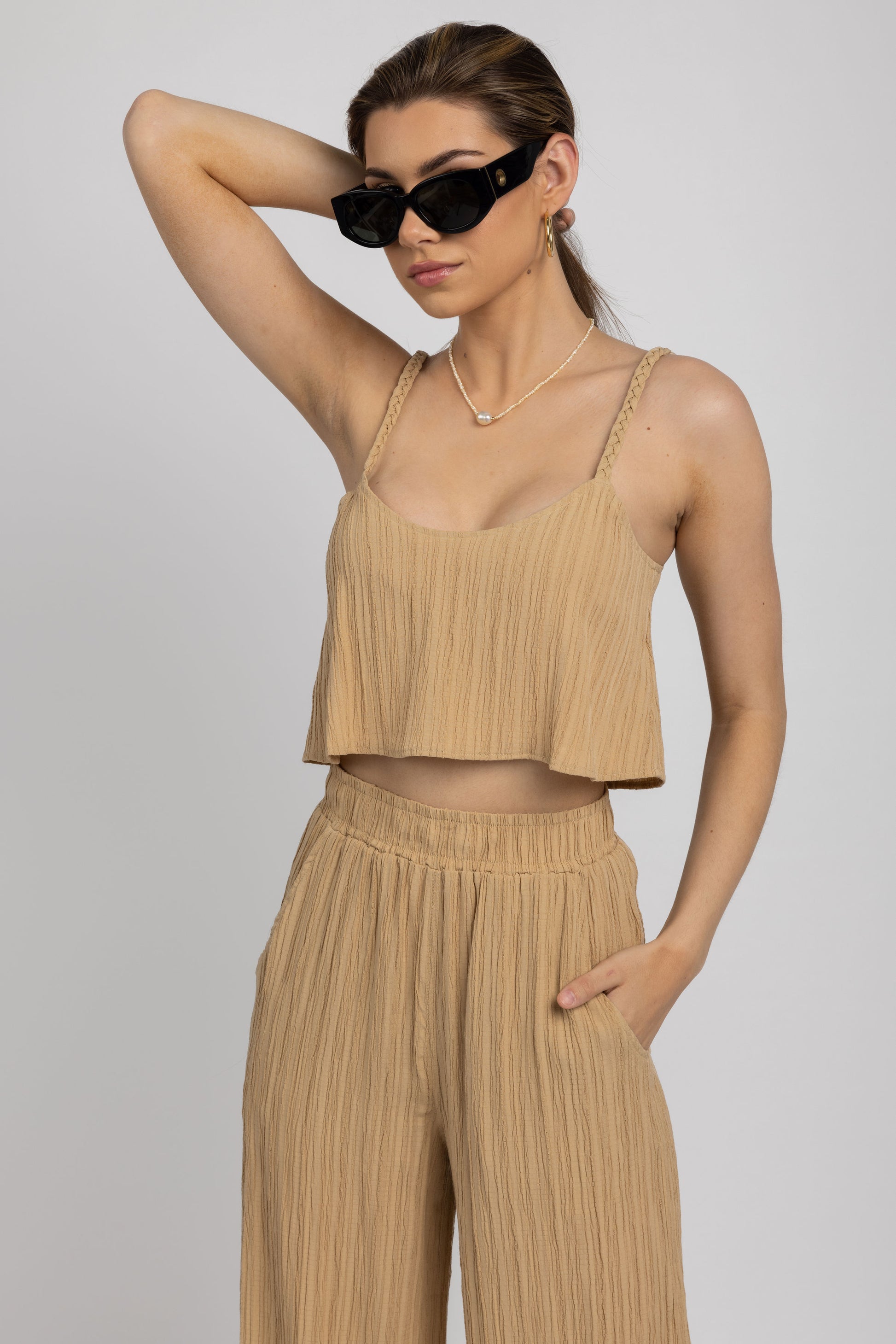 THE RANGE Ripple Gauze Cropped Cami in Tanlines