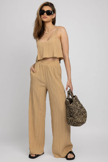 THE RANGE Ripple Gauze Wide Leg Pant in Tanlines