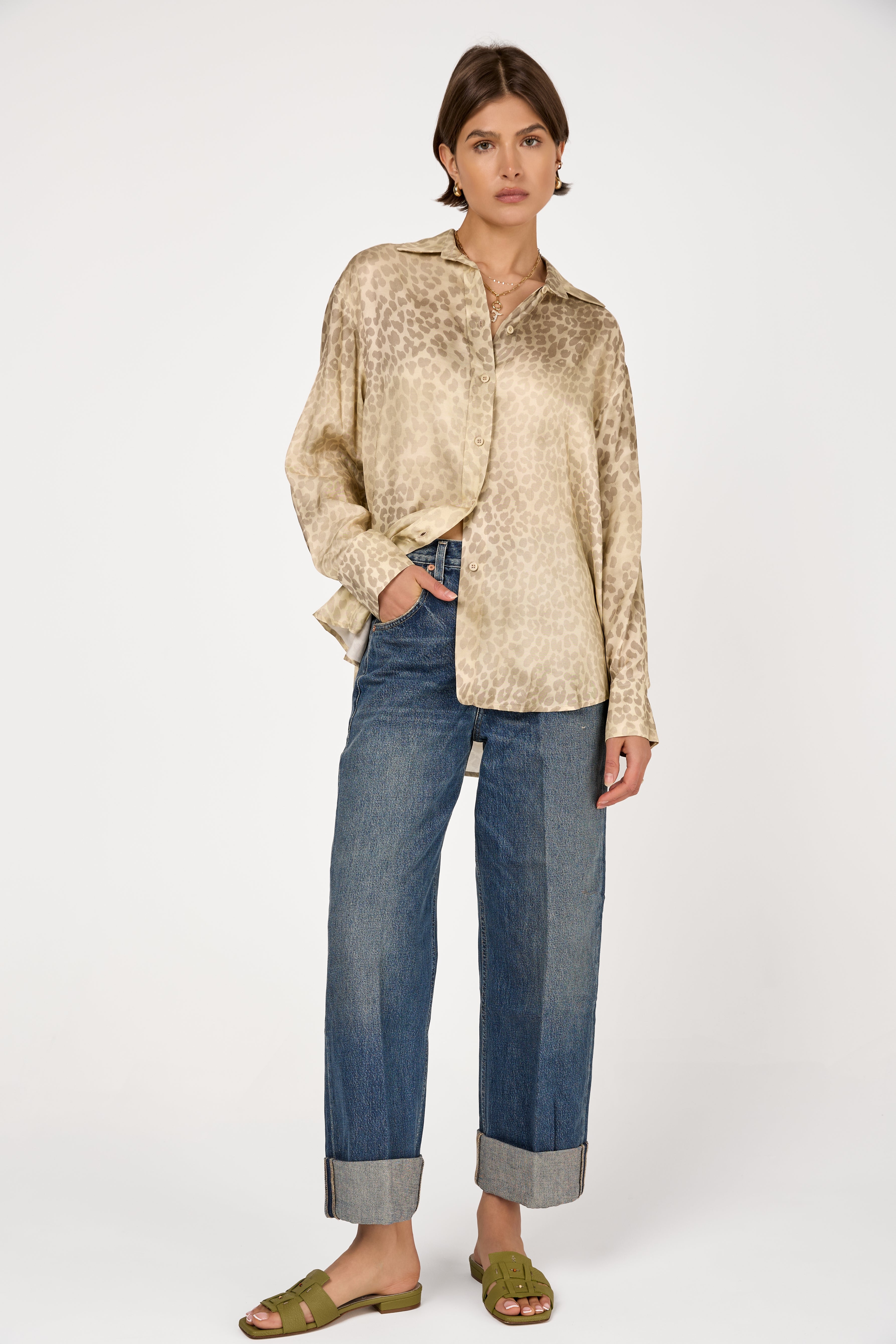 Long Sleeve Printed Shirt in Straw