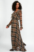 ALESSIA ZAMATTIO Calla Silk Maxi Dress in Tartan Nocciola