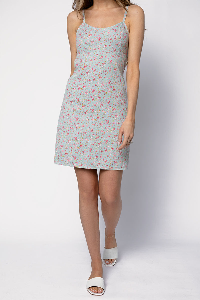 DENIMIST Empire Waist Mini Dress in Light Blue Rose