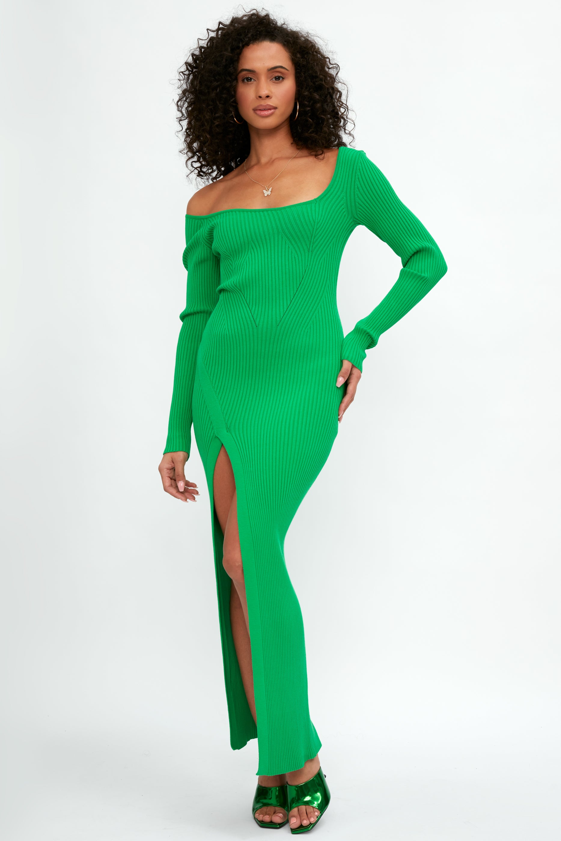 ELEONORA GOTTARDI Asymmetrical Side Slit Knit Dress in Green