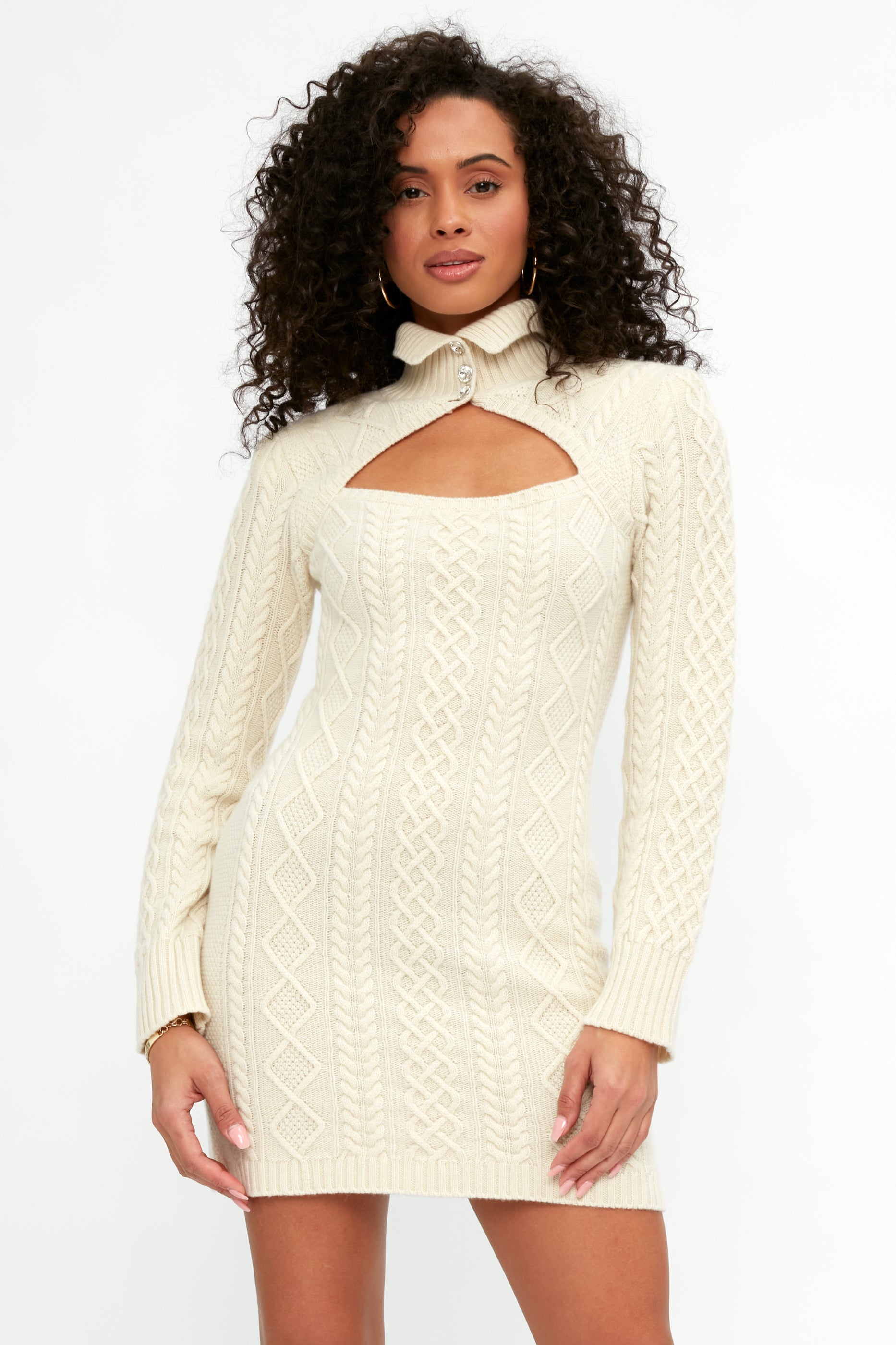 High Collar Cable Knit Mini Dress in Ivory