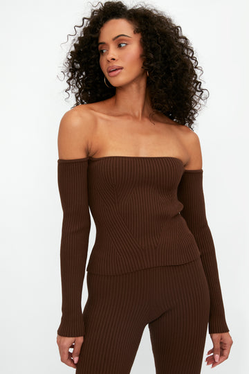 ELEONORA GOTTARDI Off The Shoulder Ribbed Top in Chocolate