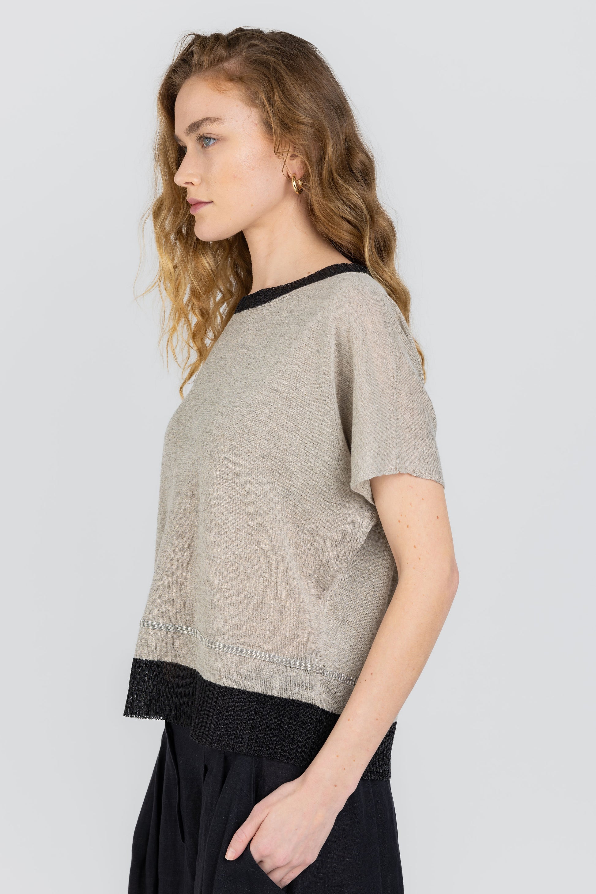 FABIANA FILIPPI Metallic Trimmed Top in Sesame