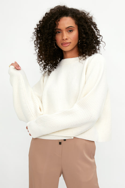 FORTE FORTE Carded Wool Cropped Kimono Sweater in Candor