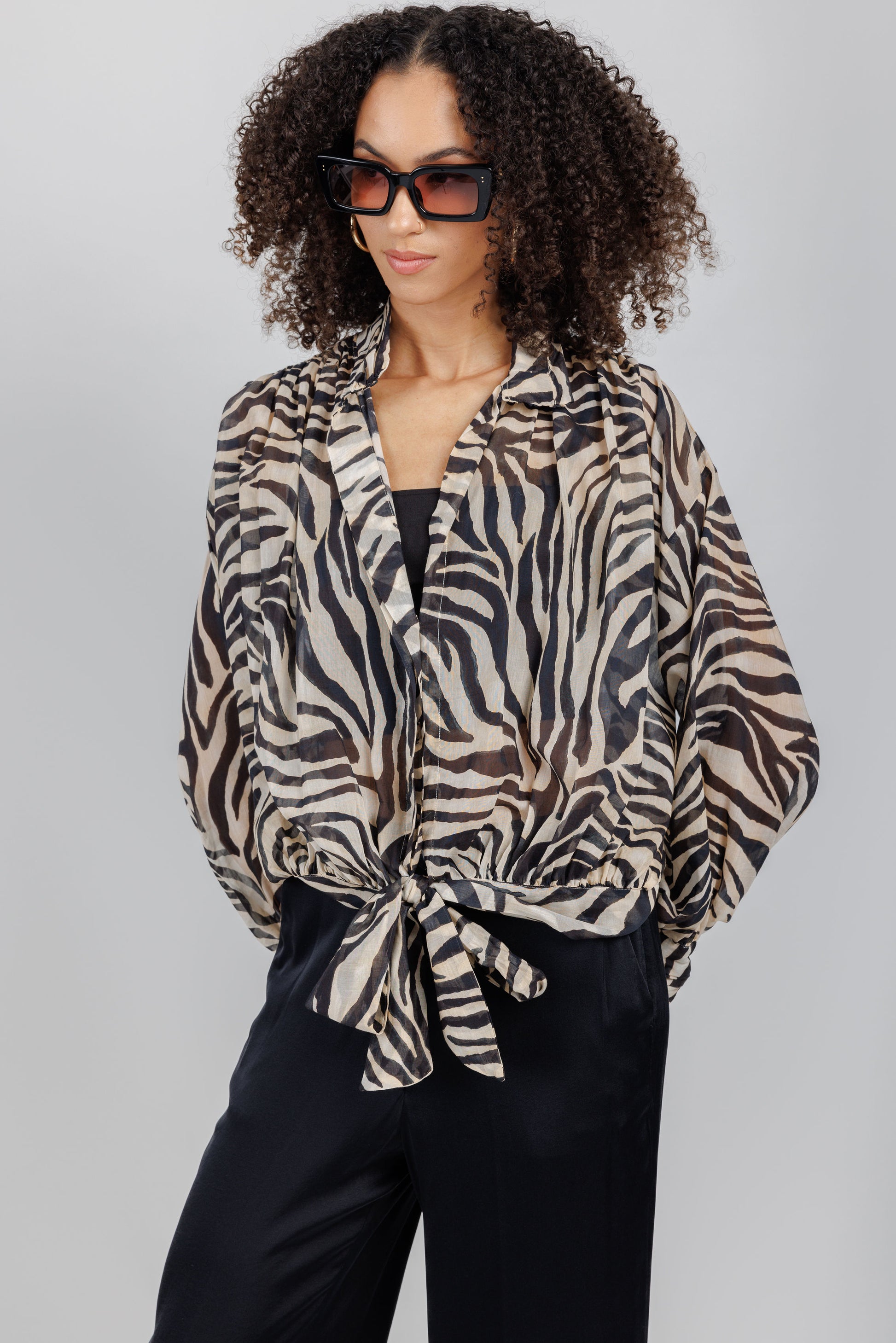 FORTE FORTE Cotton Silk Voile Sash Blouse in Noir