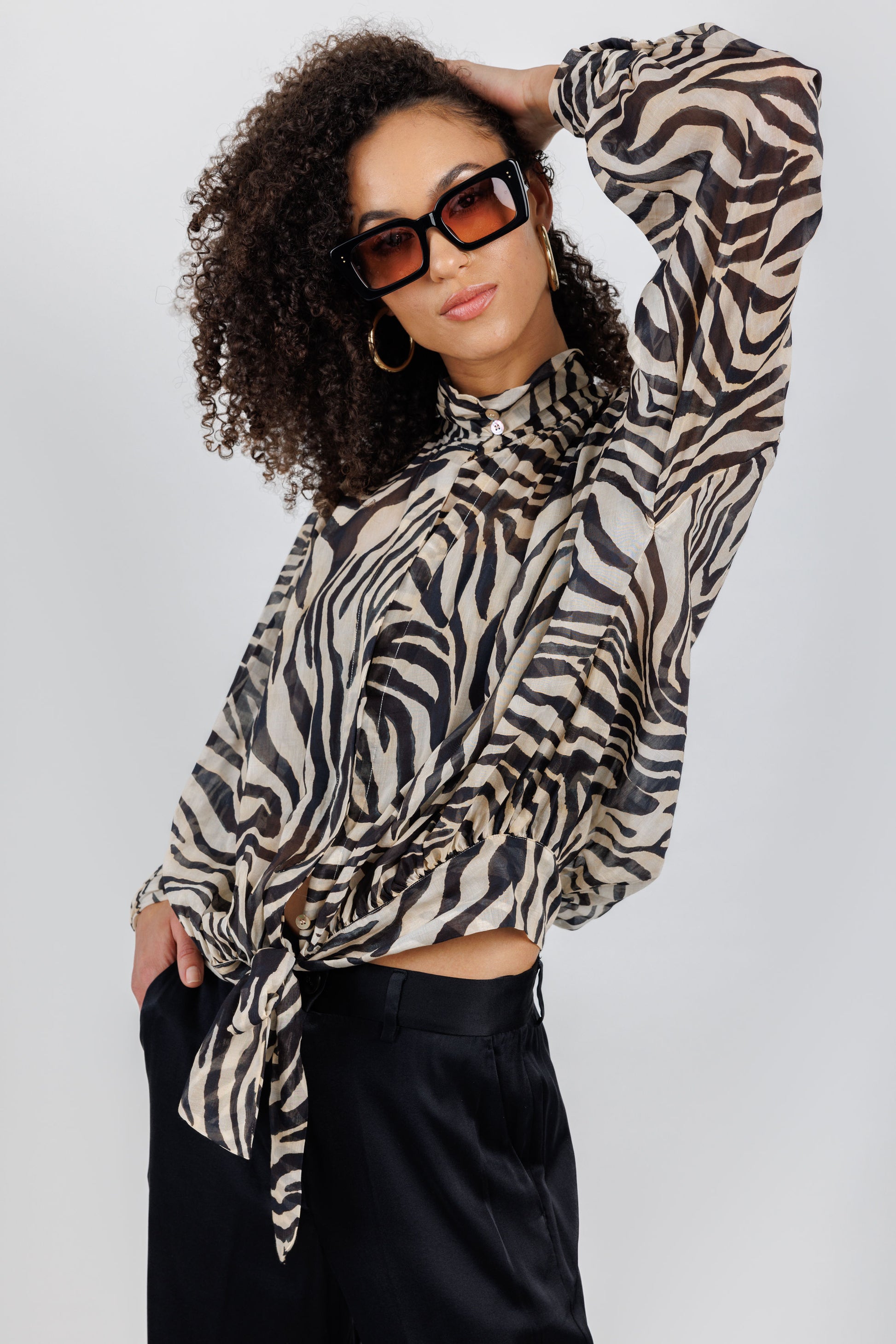 FORTE FORTE Cotton Silk Voile Sash Blouse in Noir