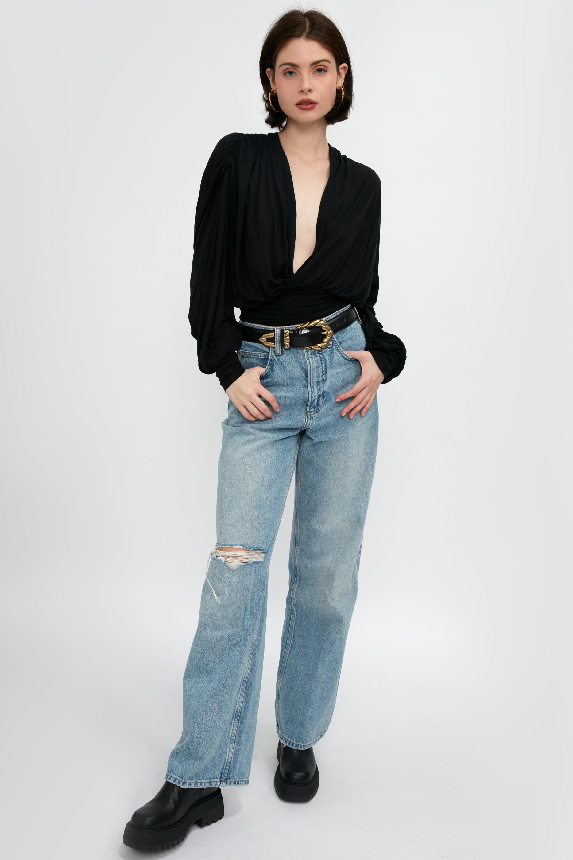 FRAME Le High N Tight Wide Leg Jean in Bilson Rips