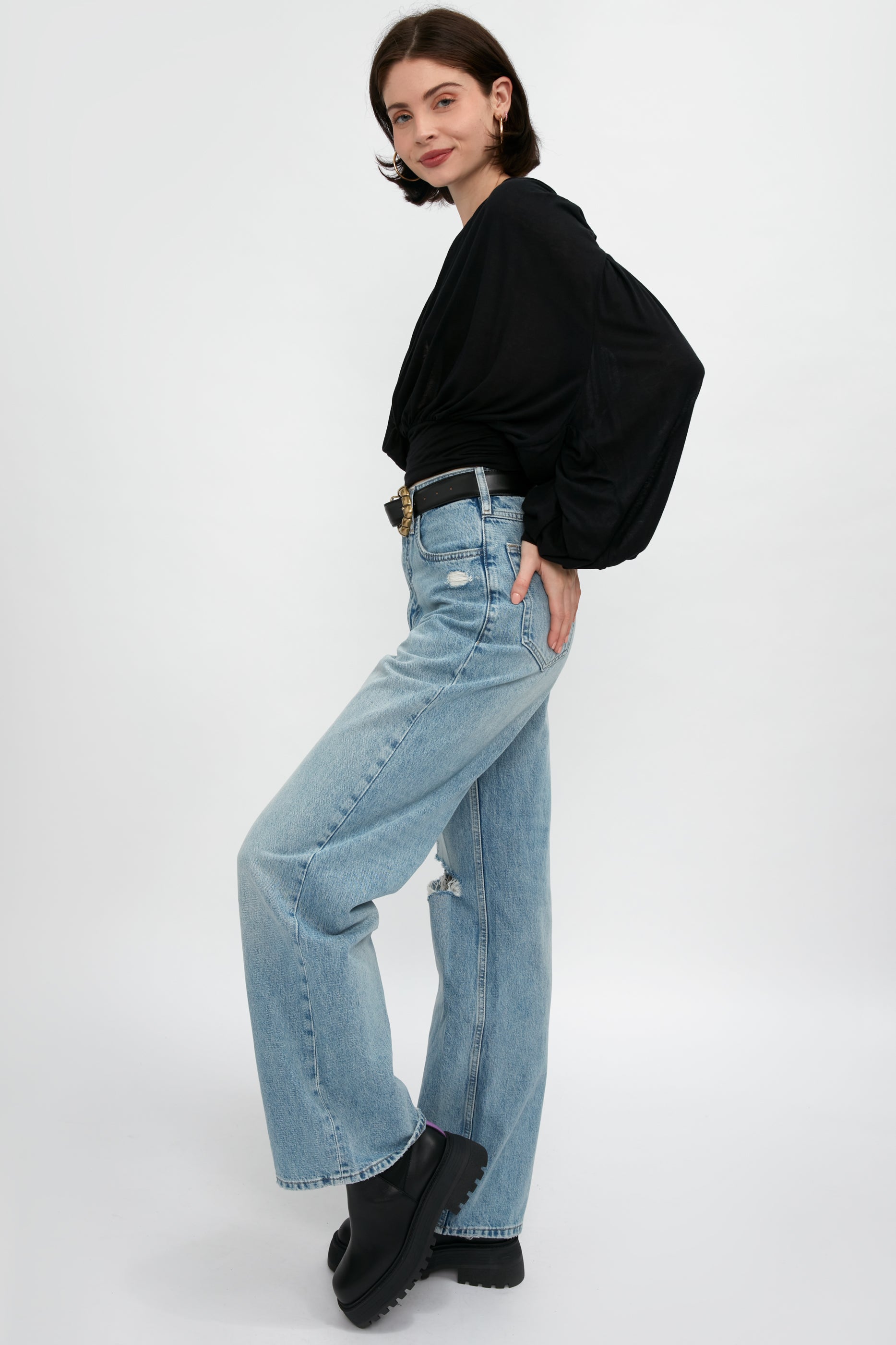 FRAME Le High N Tight Wide Leg Jean in Bilson Rips