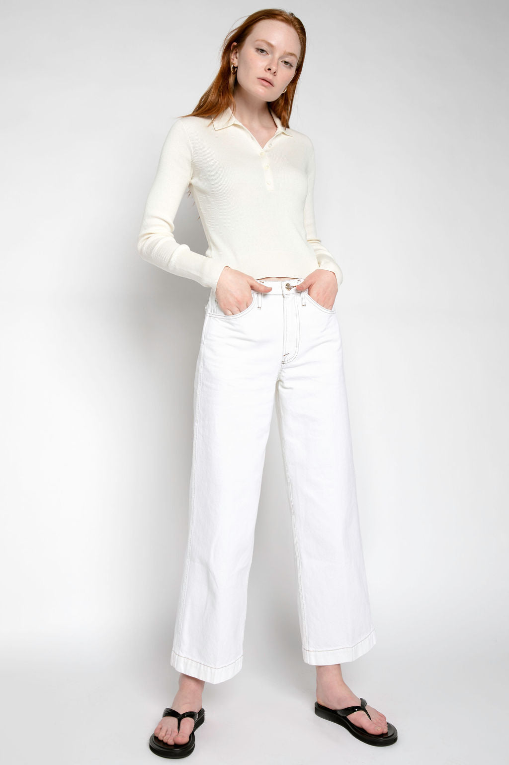 FRAME Shrunken Knit Polo Shirt in Off White
