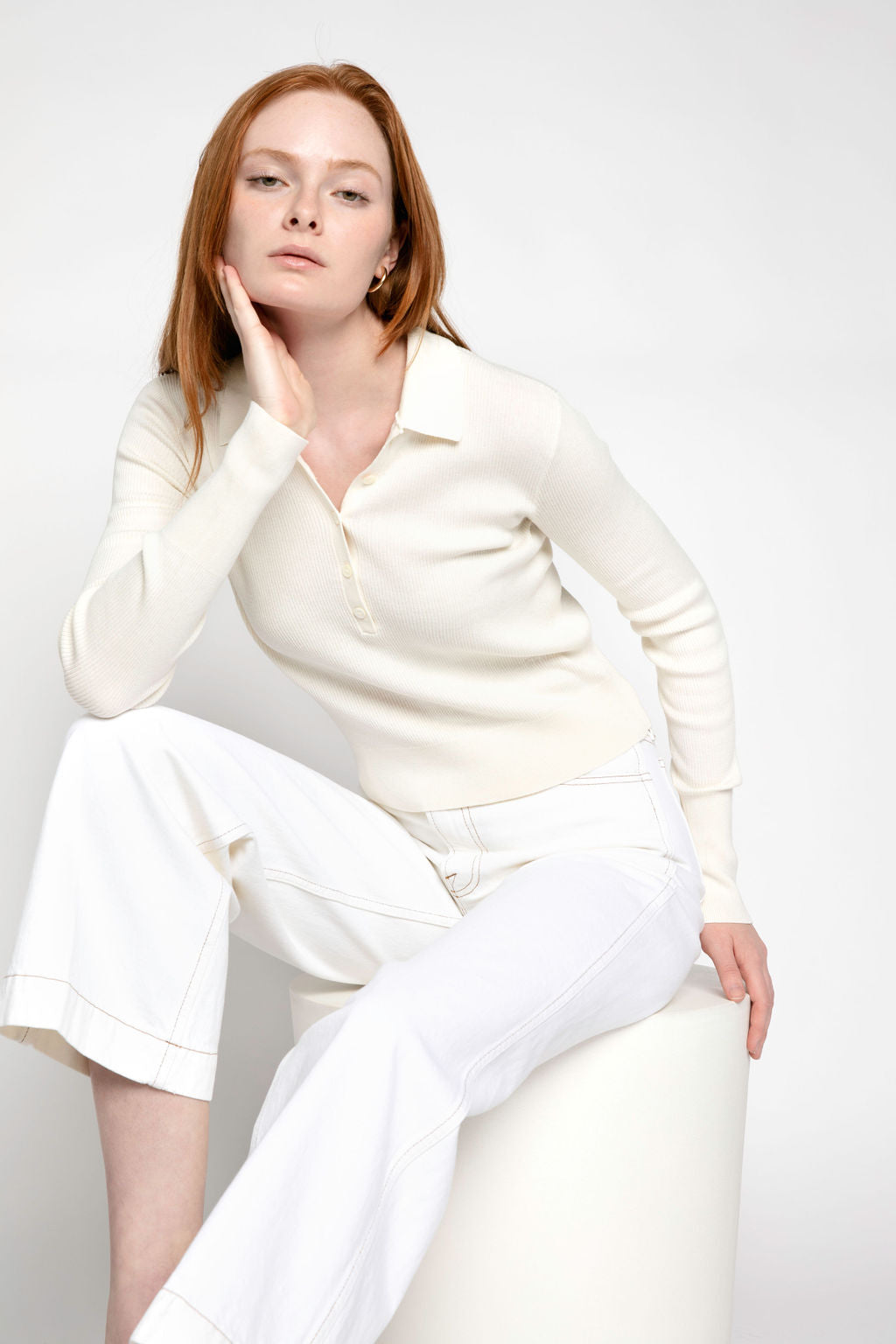 FRAME Shrunken Knit Polo Shirt in Off White