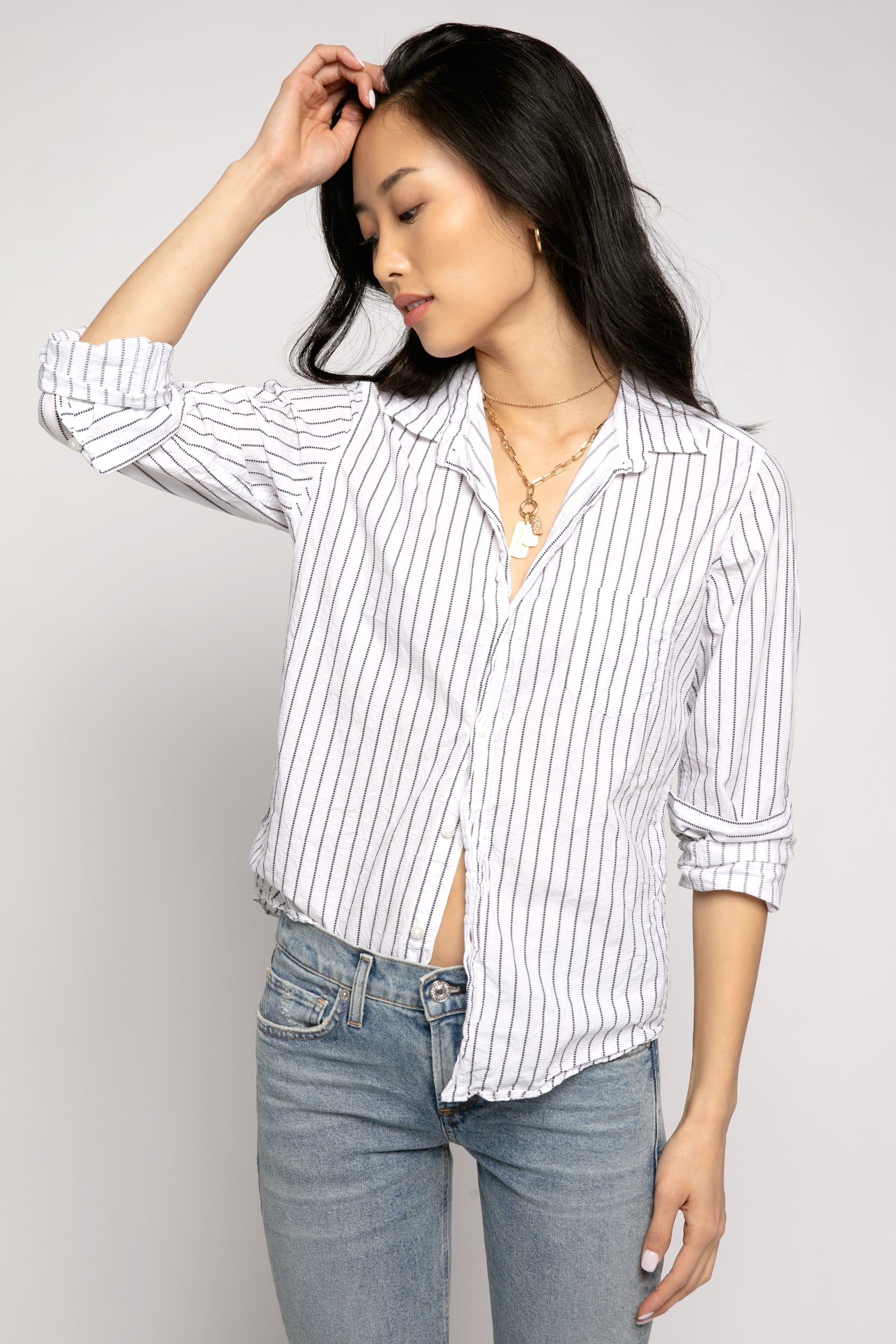 FRANK & EILEEN Barry Button Down Shirt in Black Dotted Stripe