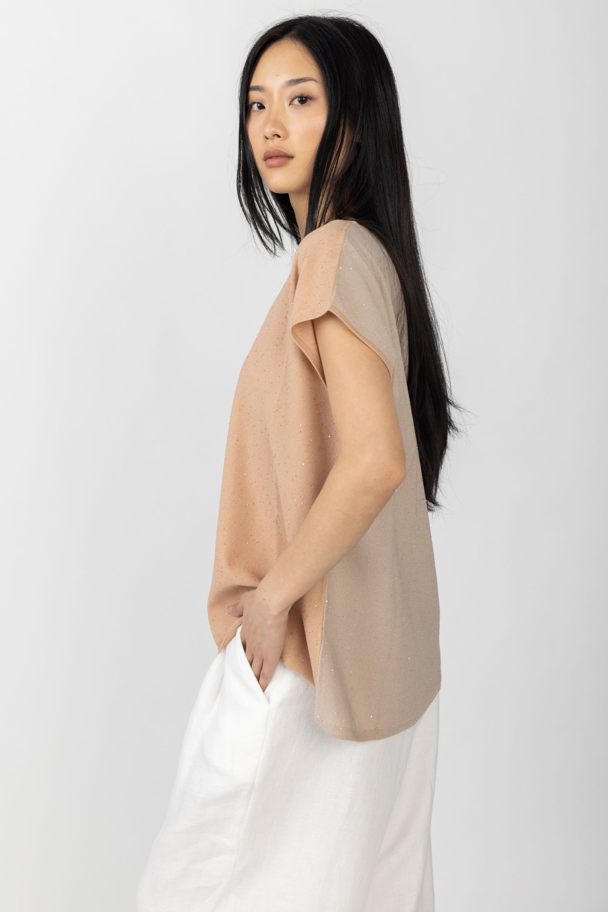 GENTRYPORTOFINO Knit Contrast Top in Rosa Roccia