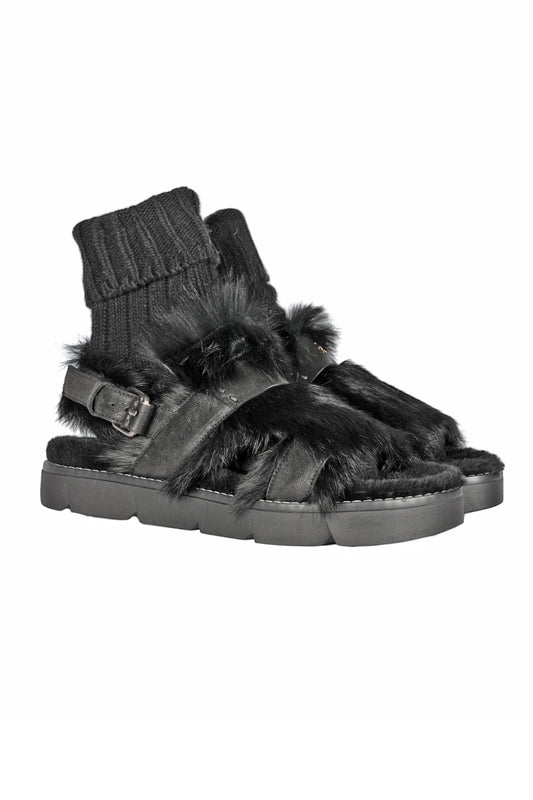 HENRY BEGUELIN Leather Vegetal Wash Sandal with Fur in Nero
