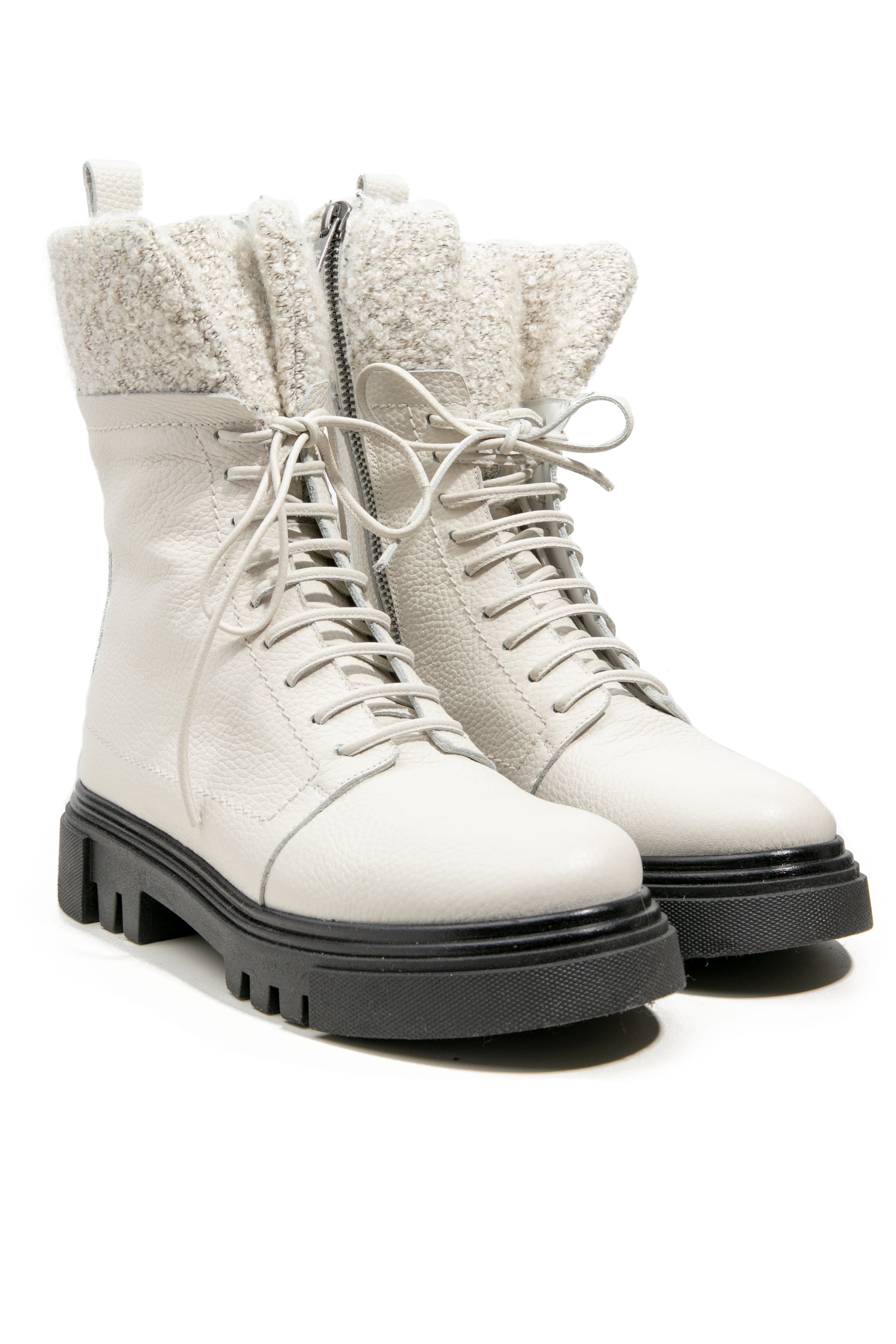 HENRY BEGUELIN Lace-Up Low Leather Boot with Lana Ricciolina in Gesso