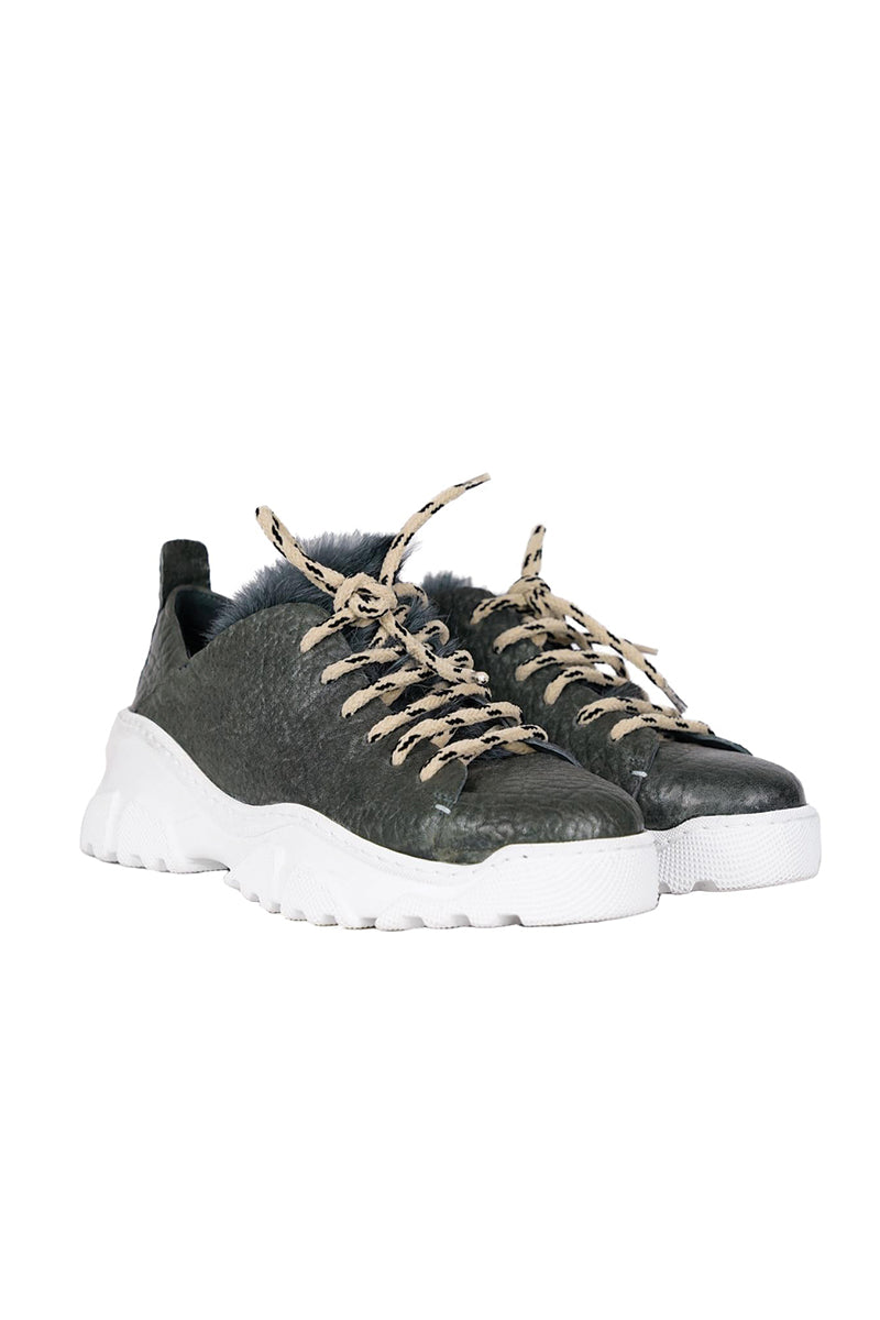 HENRY BEGUELIN Matte Bovine Granellato Leather Sneaker in Lava