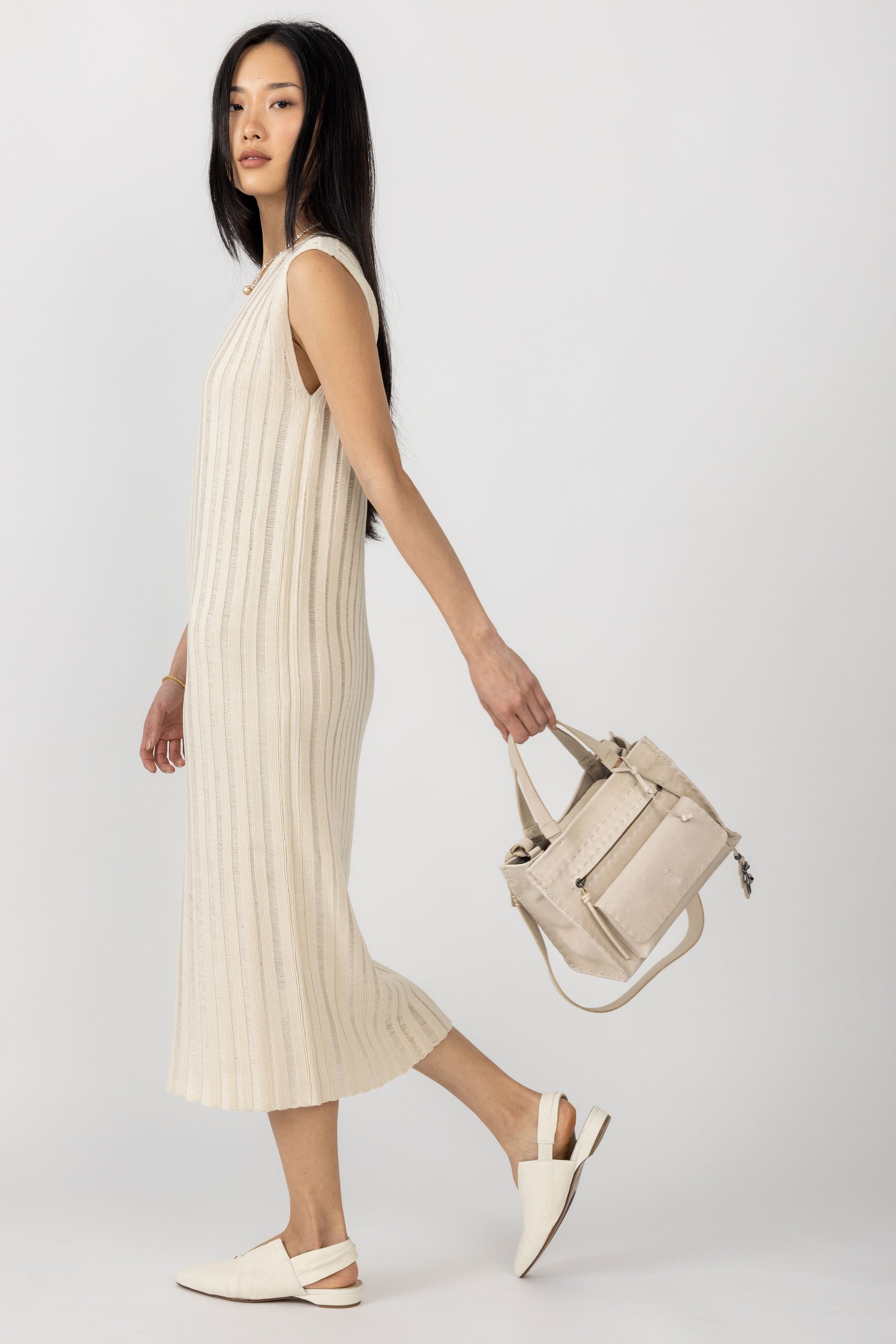 HENRY BEGUELIN Shopping Pocket Leather Bag in Old Iron Beige