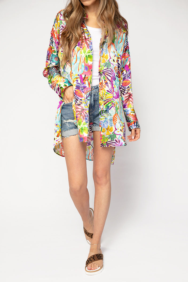 HENRY BEGUELIN Long Silk Shirt Fiori Jungle in Bianco
