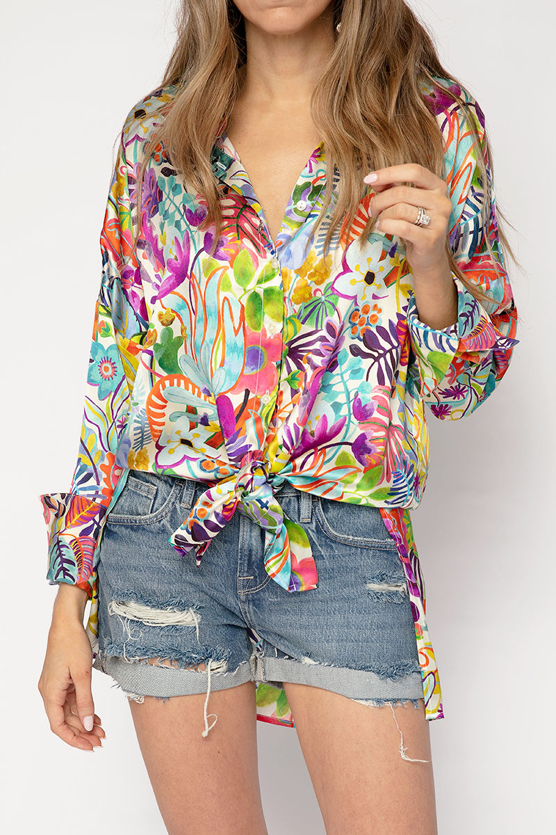 HENRY BEGUELIN Long Silk Shirt Fiori Jungle in Bianco