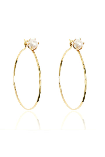 L.A. STEIN Diamond Stud Semi Baroque Pearl Hoops in Yellow Gold