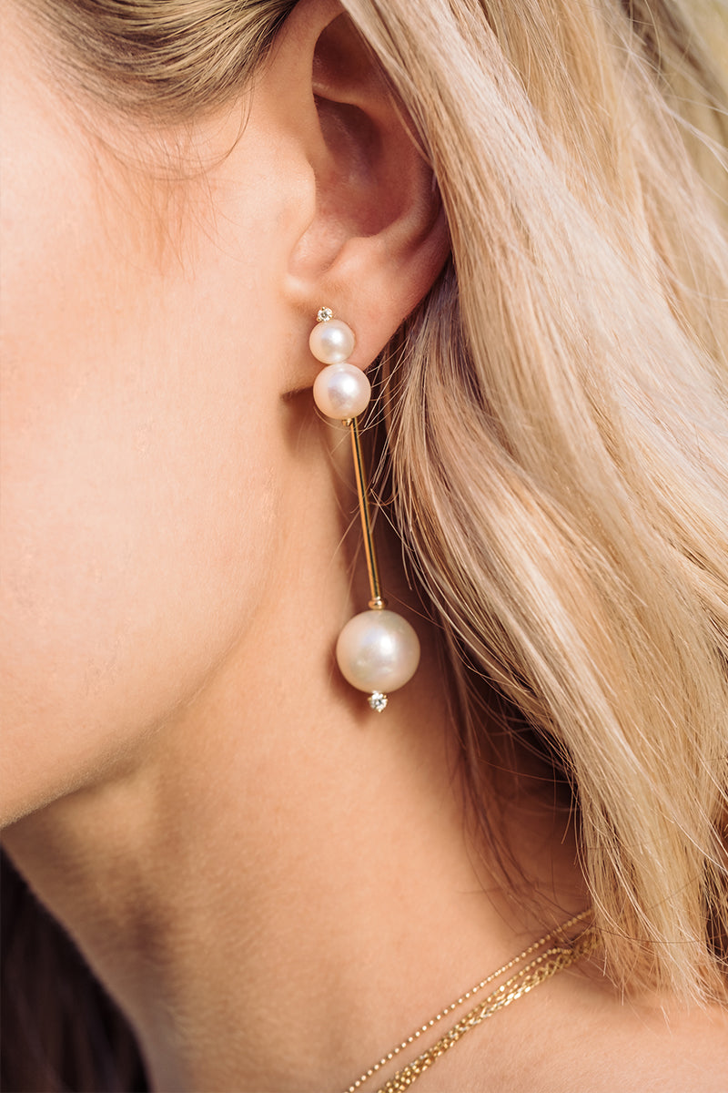 White Pearl Hatpin Diamond Stick Earrings