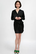 L'AGENCE Atlas Silk Satin Wrap Effect Dress in Black