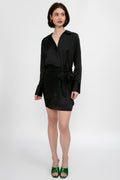 L'AGENCE Atlas Silk Satin Wrap Effect Dress in Black